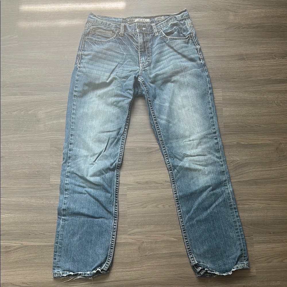 Buckle Blue Straight Jeans with Vintage Fading